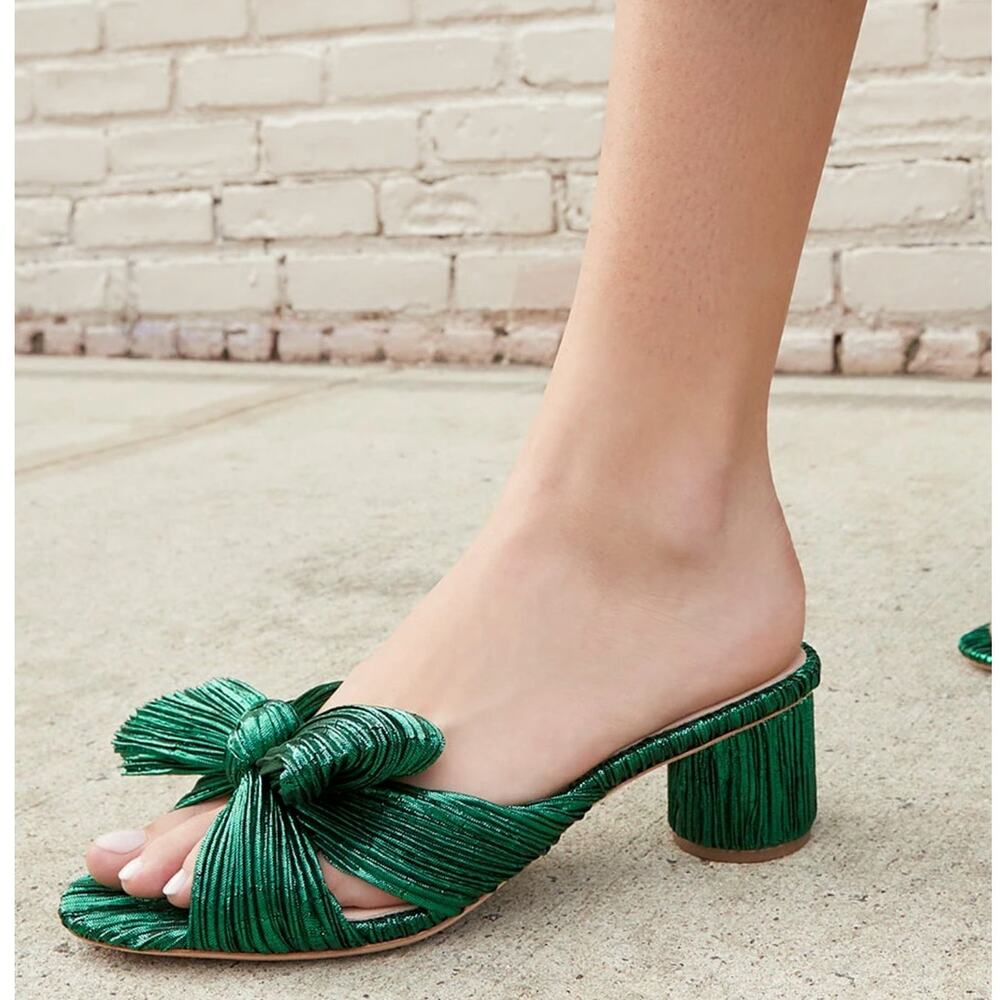 Loeffler Randall Emilia Sandals Pleated Knot Bow Heel 5B Leather Blend Going Out